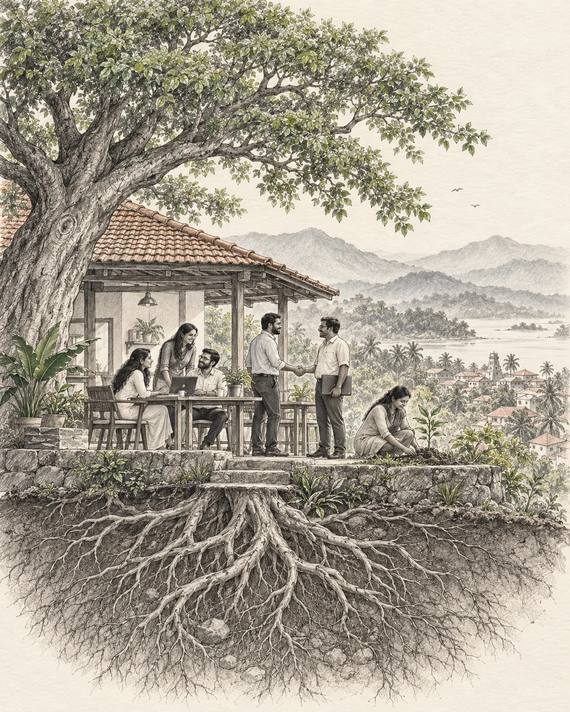 Pencil sketch of people collaborating, connecting and nurturing a venture beneath a deeply rooted tree in a small-town setting