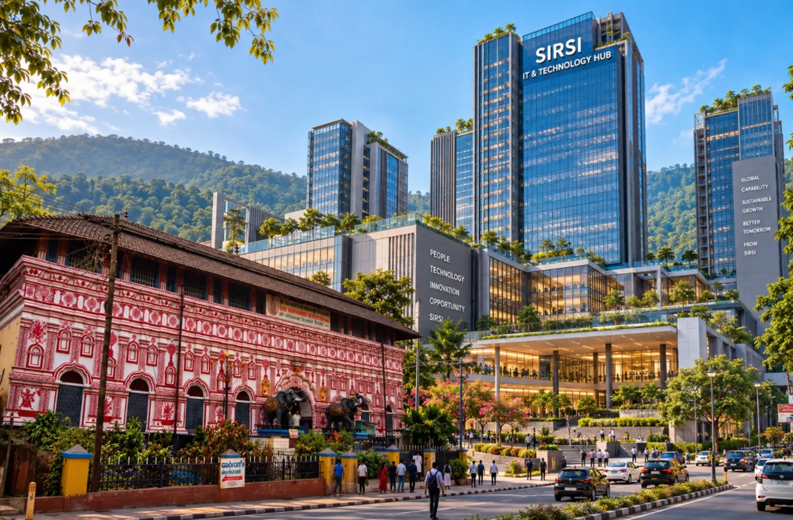 An artist’s impression of Sirsi in the future: the Marikamba temple on one side of the street, glass office towers among the green hills on the other